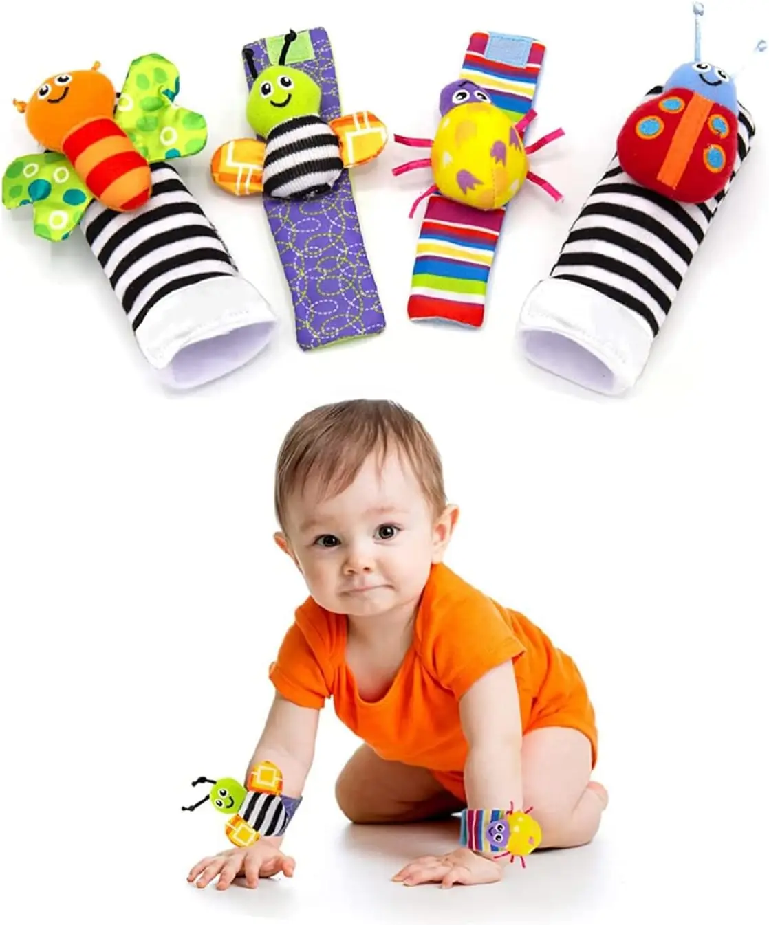 Baby Infant Wrist Rattle Socks Toys 4 Pcs, Wrist Rattles and Foot Finders for Baby Boy or Girl, Toys 0-3-6-12 Months