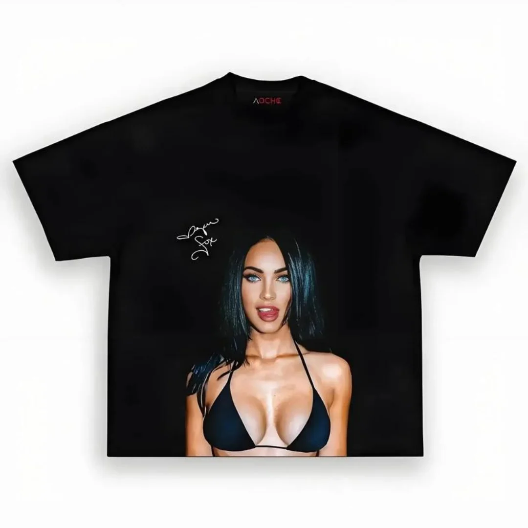 Mens Clothing Streetwear Graphic T-Shirt - Unisex Washed Cotton Crewneck, Megan Fox Star Retro Design, Classic Hollywood Celebrity Print, Soft Fabric, Short Sleeve, Ideal Fan Gift for Daily Casual Wear, Shirts Graphic Tees