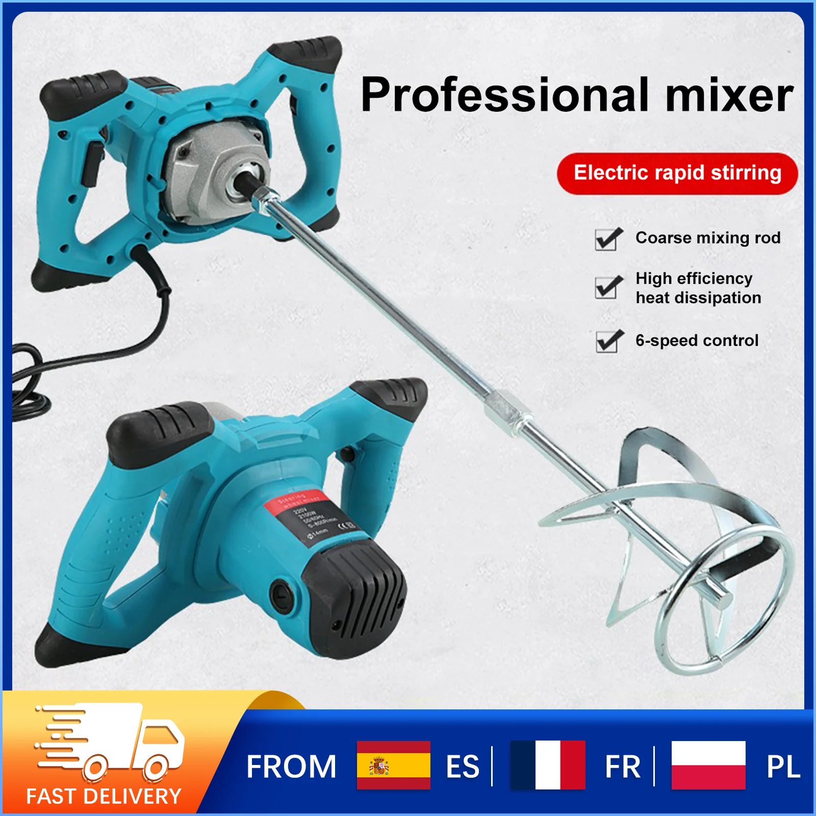 Mélangeur à pagaie portatif 2100W, 6 vitesses, mélangeur électrique, perceuse, outil de mélange et d'agitation pour mortier, coulis, peinture, ciment, plâtre, enduit