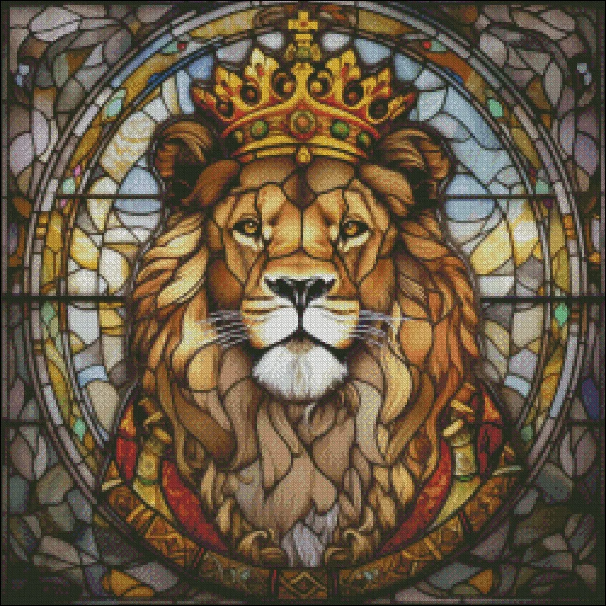 King Lion Portrait Stained Glass 1 - Counted Cross Stitch Kits - DIY Handmade Needlework Embroidery 14 CT Aida DMC Color