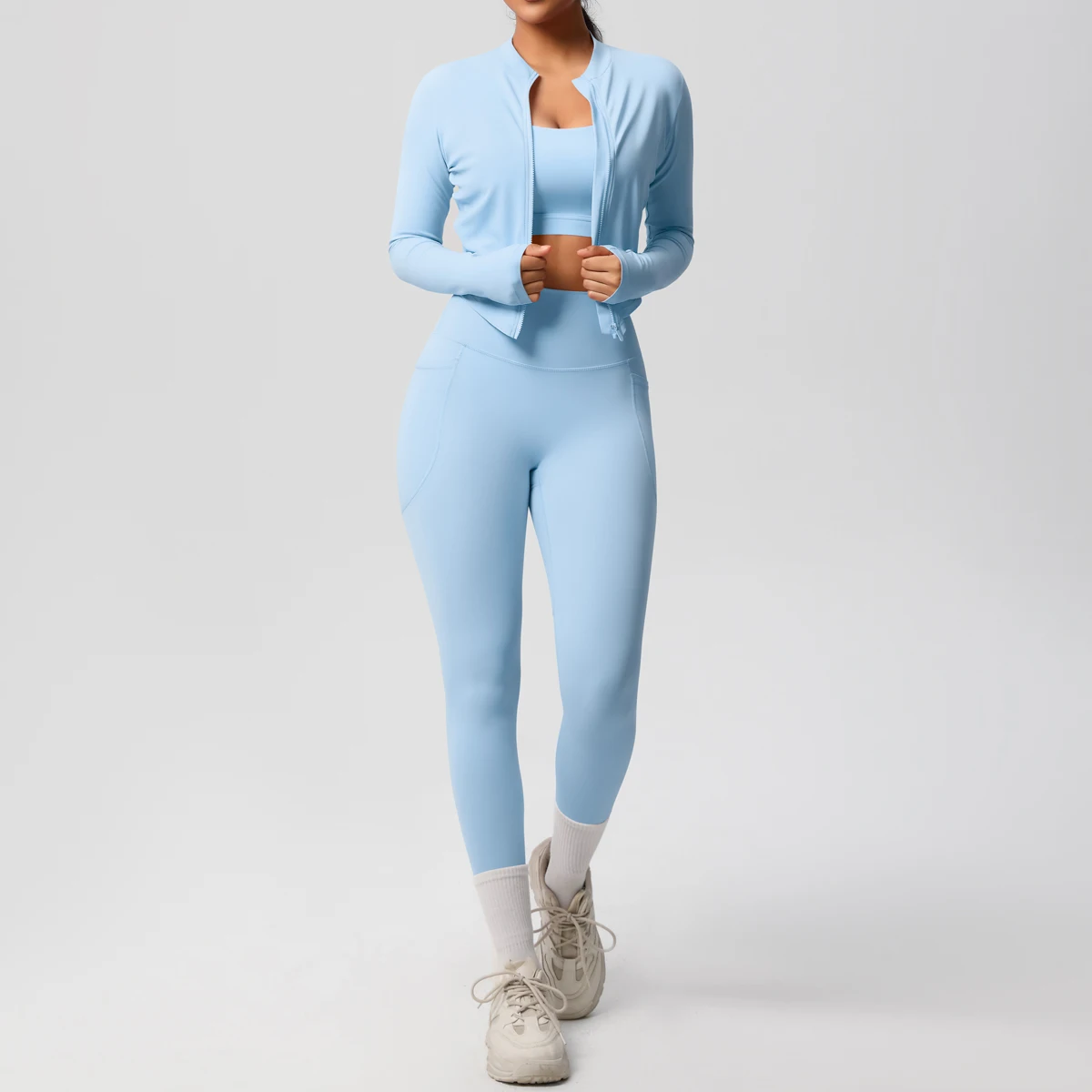 Yoga Three Piece Set Backless Sports Bra Zipper Jacket Yoga Shorts with Pockets Running Cycling Gym Workout Solid Color Yoga Set