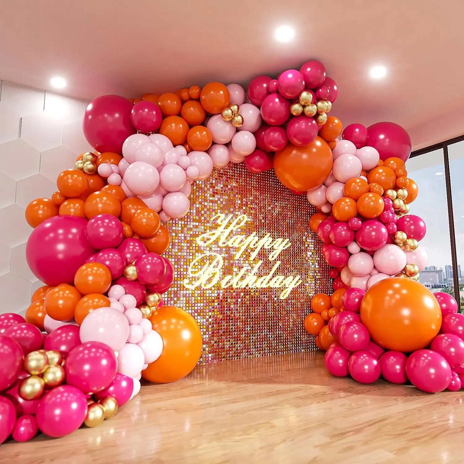 Kit d'arc de ballons rose et Orange, 134 pièces, ballons en Latex métallique doré, décorations pour fête d'anniversaire, réception-cadeau pour bébé, mariage