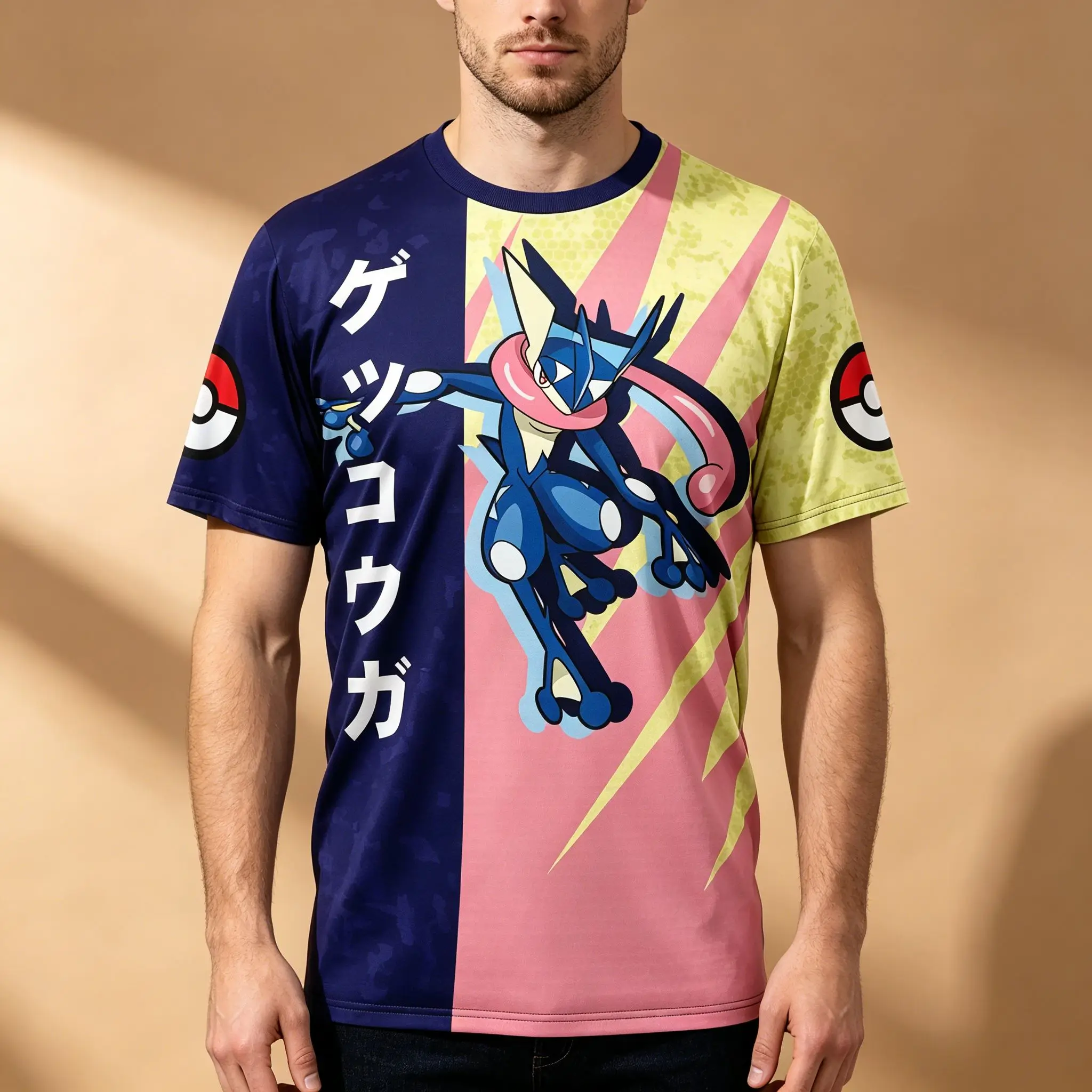 Men's Two Tone Split Full Sublimated Anime Graphic T-Shirt, Pokemon Greninja Print Pokeball On Sleeves Vertical Japanese Kanji S