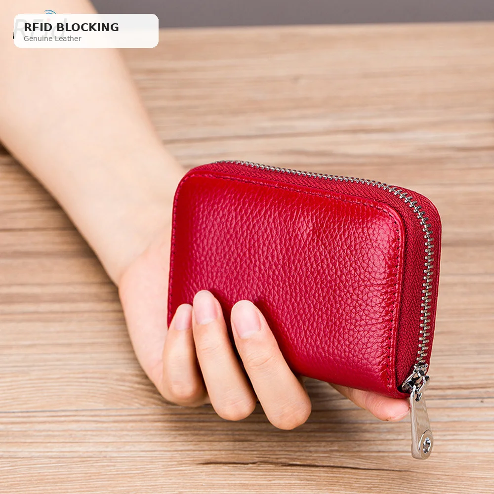 Genuine Leather Accordion Card Holder RFID Blocking Wallet Zipper Cowhide Credit Card Case Anti-theft Business Bank Card Holder