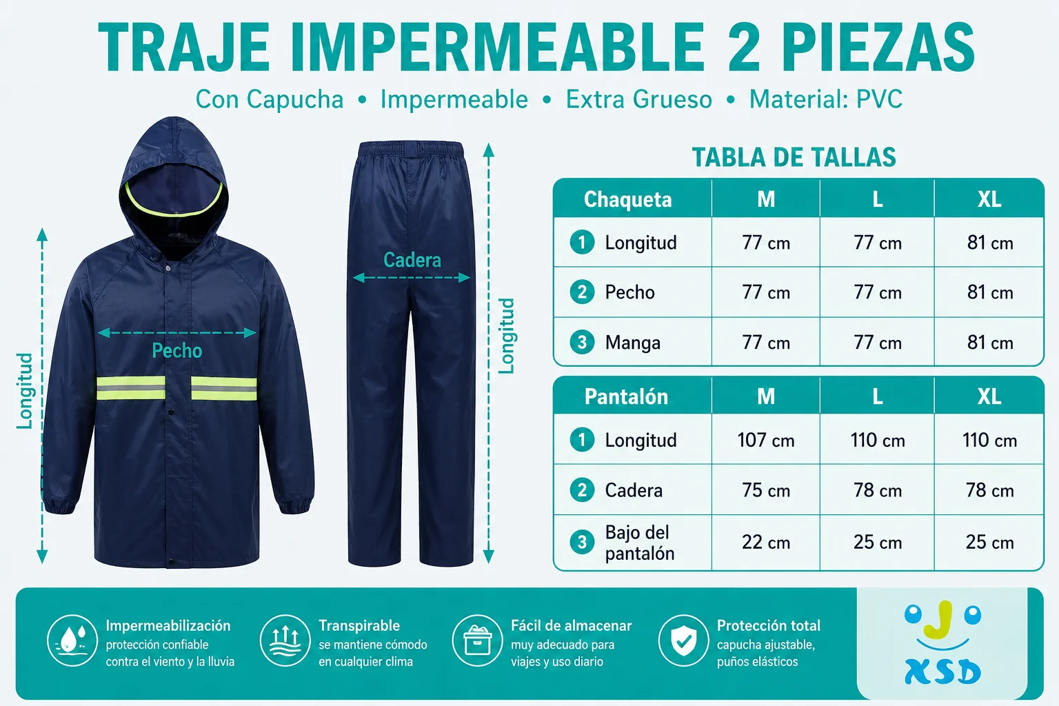 2-Piece Waterproof Rain Suit for Adults, Thick Jacket and Pants with Hood and Reflective Strips, Anti-Rain Workwear for Motorcycle and Outdoor Use (Size 77X77X65Cm) 8 2-Piece Waterproof Rain Suit for Adults, Thick Jacket and Pants with Hood and Reflective Strips, Anti-Rain Workwear for Motorcycle and Outdoor Use (Size 77X77X65Cm) 8
