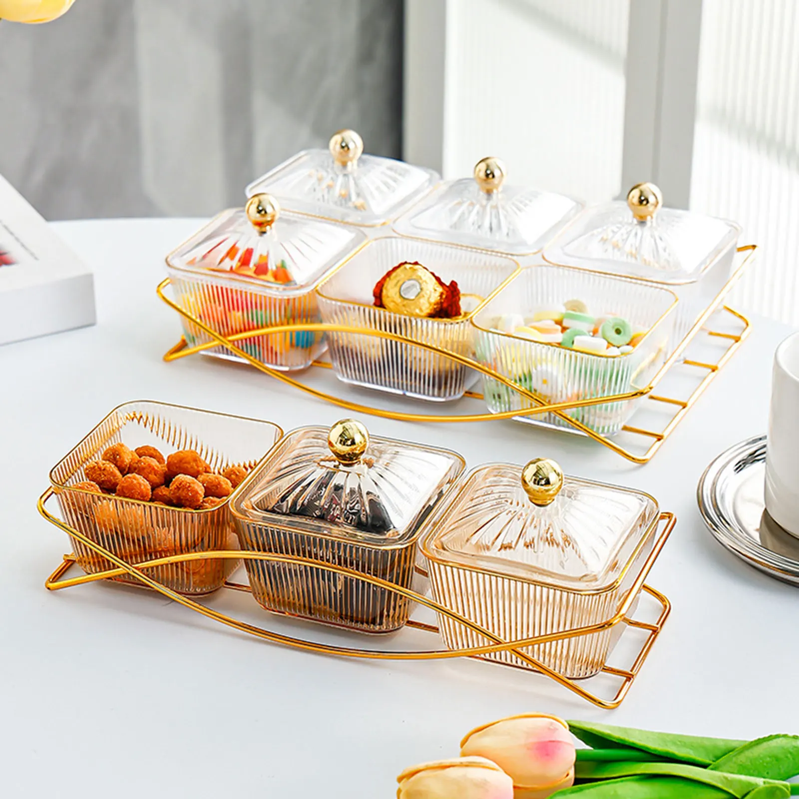 Dessert Dividing Plate with Lid Storage Container Divided Snack Serving Bowls for Appetizer Home Party Sweet Cookies Nuts