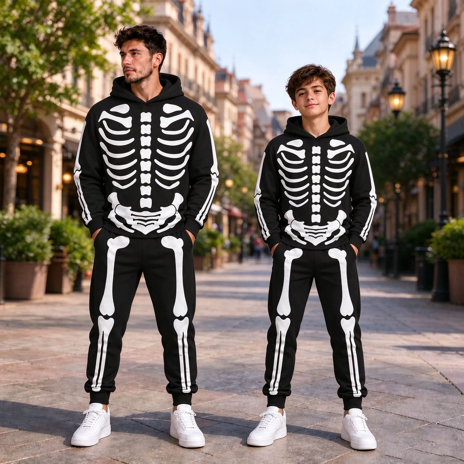 2026 Family Matching Skeleton Hoodie Set Halloween Bone Print Pullover Sweatshirt Jogger Pants Men Teen Cosplay Party Tracksuit