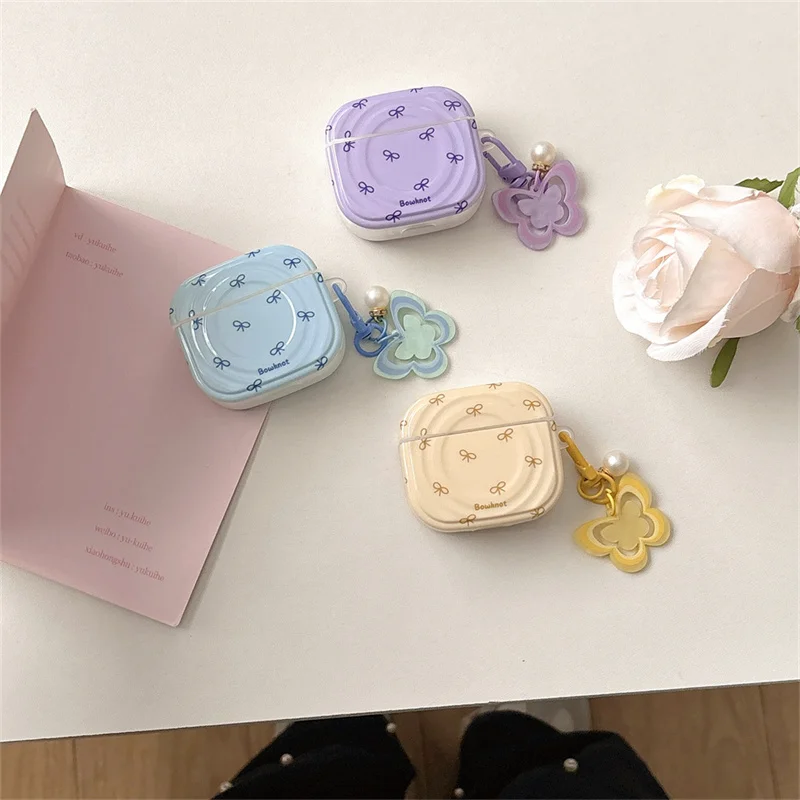 

Korean swirly pattern bow silicone earphone case for Apple AirPods 4 3 2 4 Pro 2 4 Soft case with butterfly key chain Cover Capa