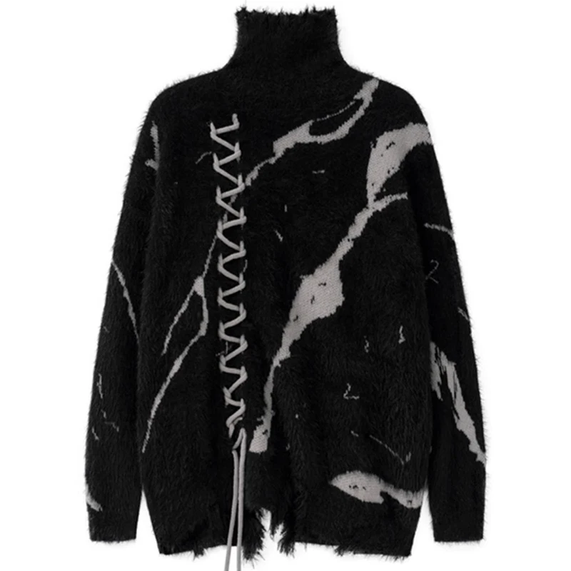 INS Dark Turtleneck Sweater Men's Winter Clothes 2024 Splice Color Tassel Weaving Couples Wool Oversize Knitwear Y2k Loose Knit