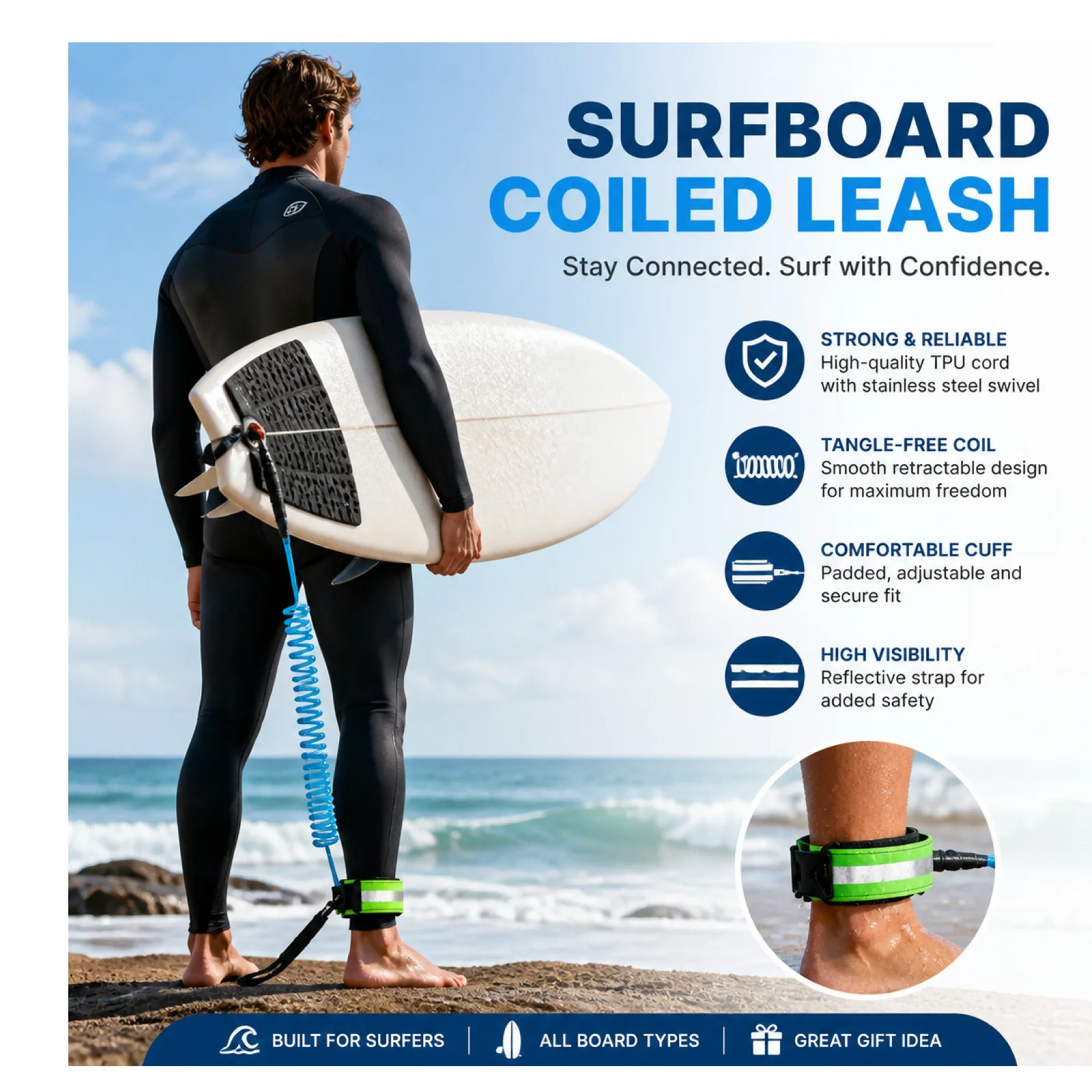 SUP Paddle Board Leash with Waist Belt Reflective Coiled Surf Leash Safety Universal for Stand Up Paddleboard Surfing Sports