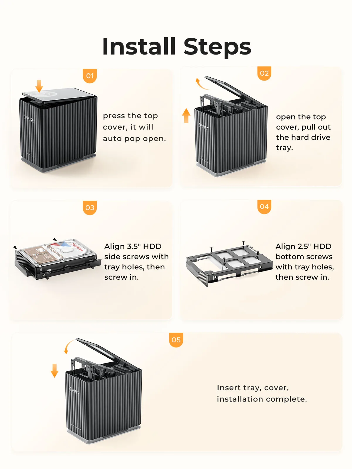 ORICO HDD-Dockingstation, 2 Bay, 5 Bay, Typ C, persönlicher Speicher, 12 V, 4 A, Netzteil, geräuschloses Design, starke Wärmeableitung, 8,9 cm – Detail 13