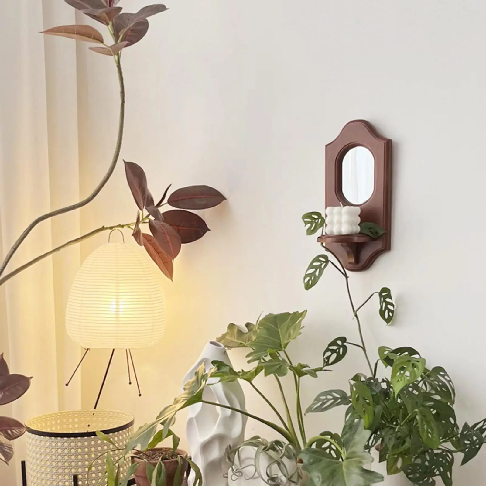 Wall Mount Mirror Wall Hanging Solid Wood Candlestick Storage Rack  For Fireplace Entry Way Bedroom Retro Wall Decoration