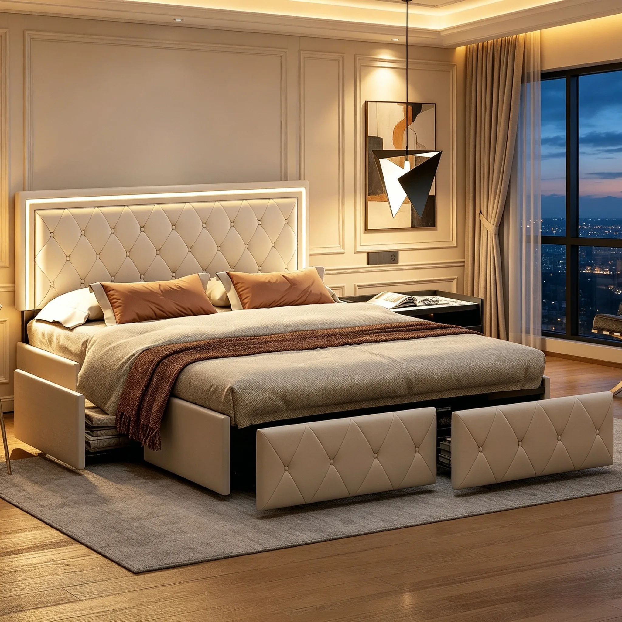 MINGZHE Cama Doble 140x200/160x200cm con Almacenamiento, Cabecero Tapizado, LED Integrado, 4 Cajones Deslizantes, Estructura Metálica con Láminas, para Adultos y Adolescentes, PU ​ ​ Blanco, colchón no incluido