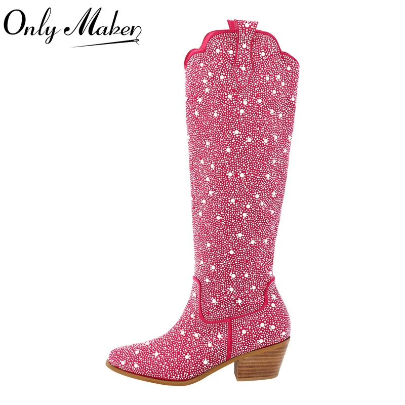 Onlymaker Women Pink Rhinestone Boots Round Toe Chunky Heel Pearl Western Boots