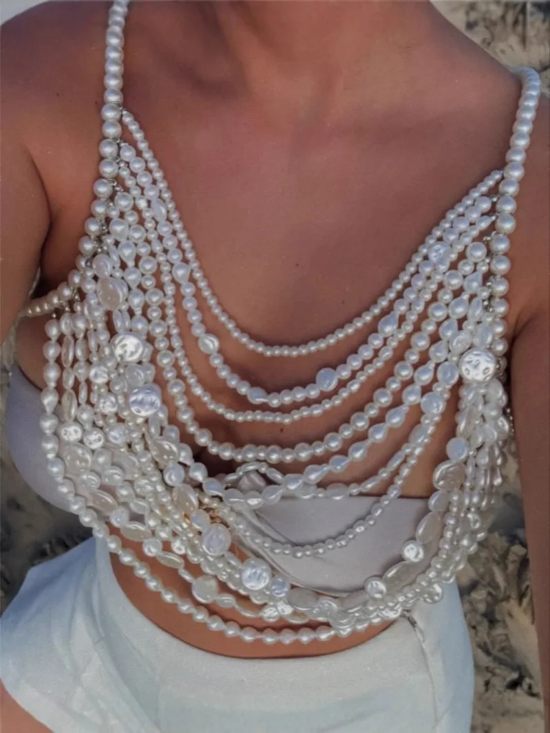 Multilayered Pearls Beaded Backless Beach Bikini Body Chain Bra Halter Neck Harness Bralette Mermaid Costume Pearl Top