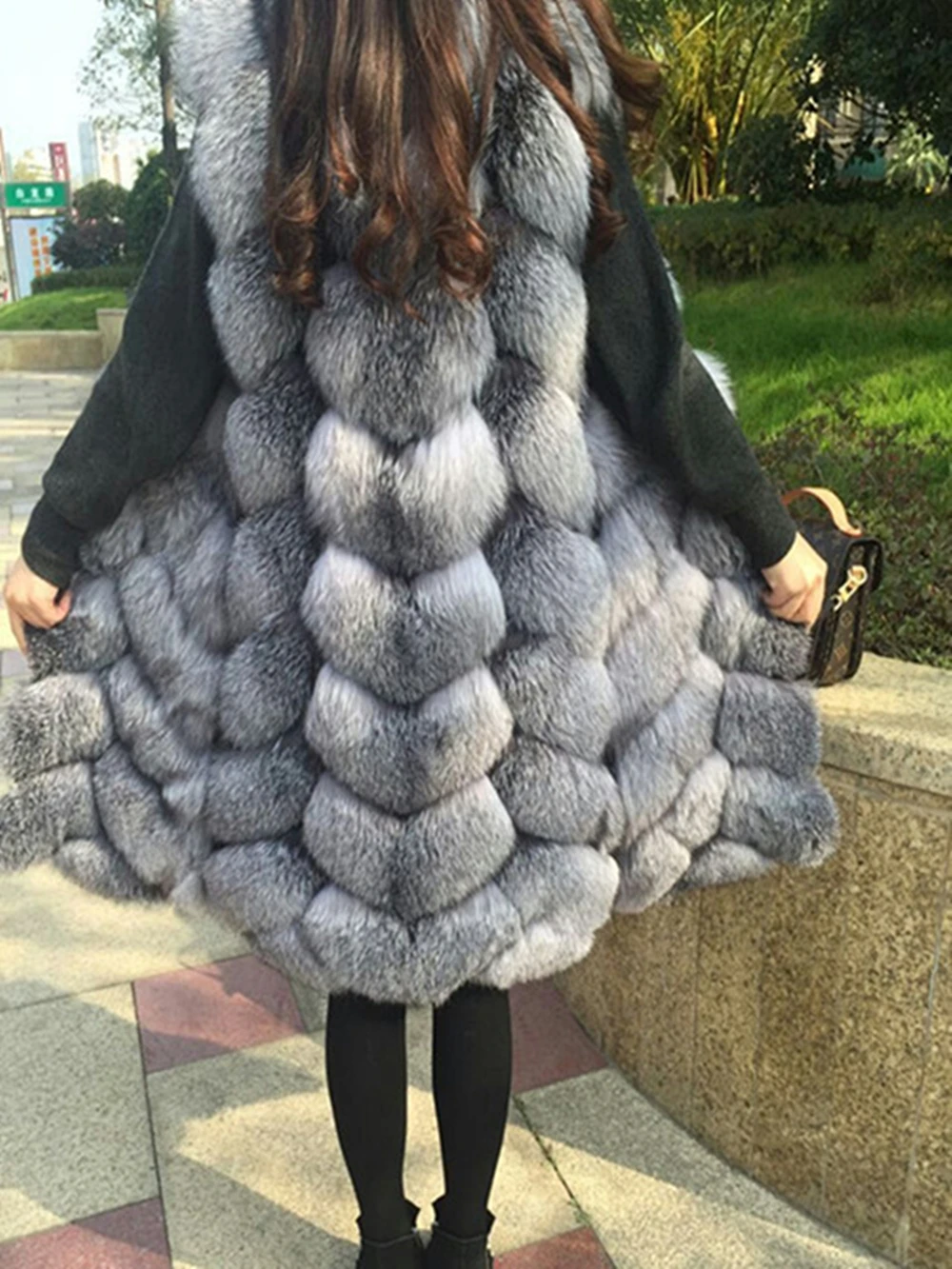 Real Fox Fur Vest for Women, Luxury Natural Blue Vests, Genuine Long Plush Jacket, Sleeveless for Girls