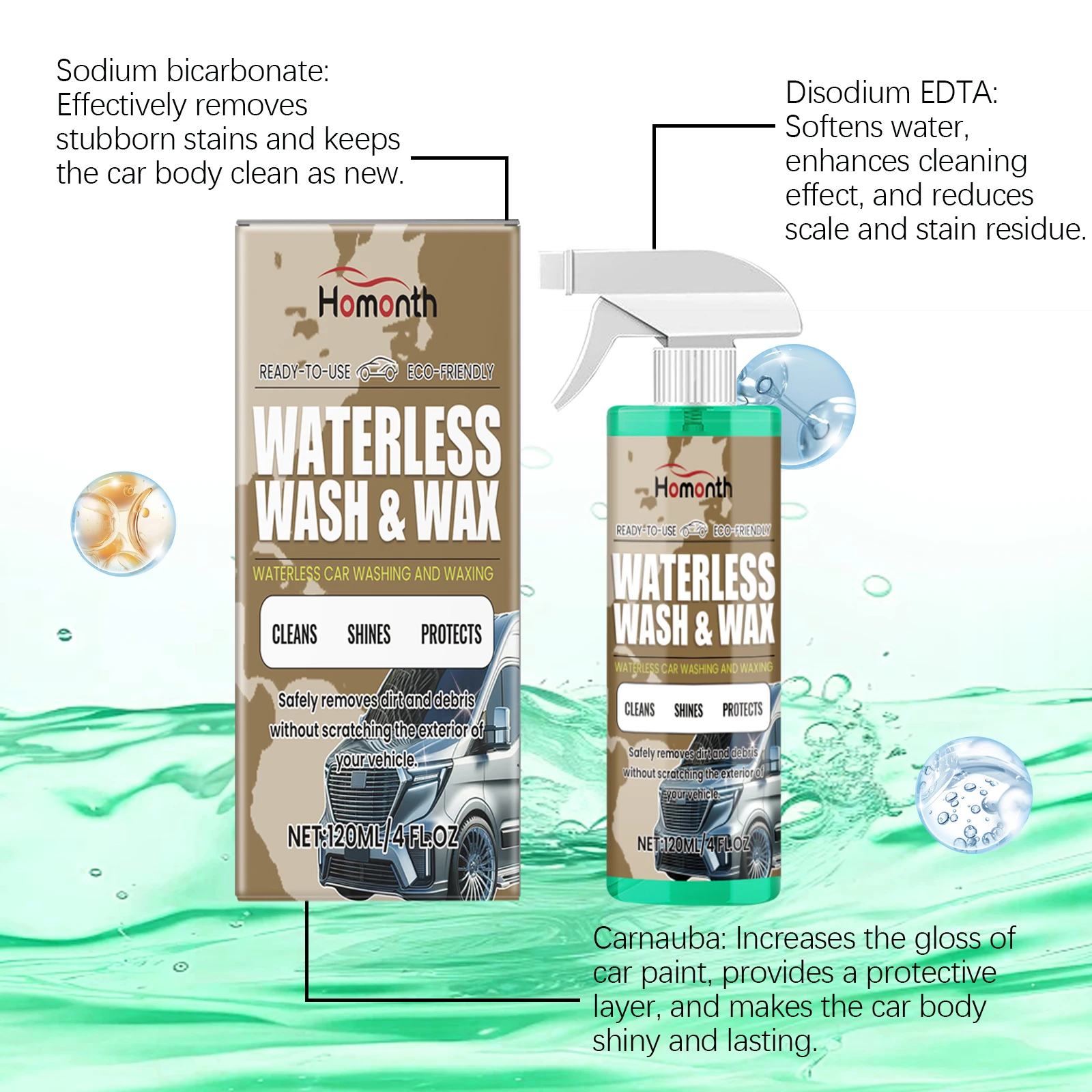 Homonth عامل طلاء السيارات بدون ماء تنظيف البقع إزالة الأوساخ استعادة اللمعان تعزيز لمعان إزالة الترسبات وكيل تنظيف السيارة