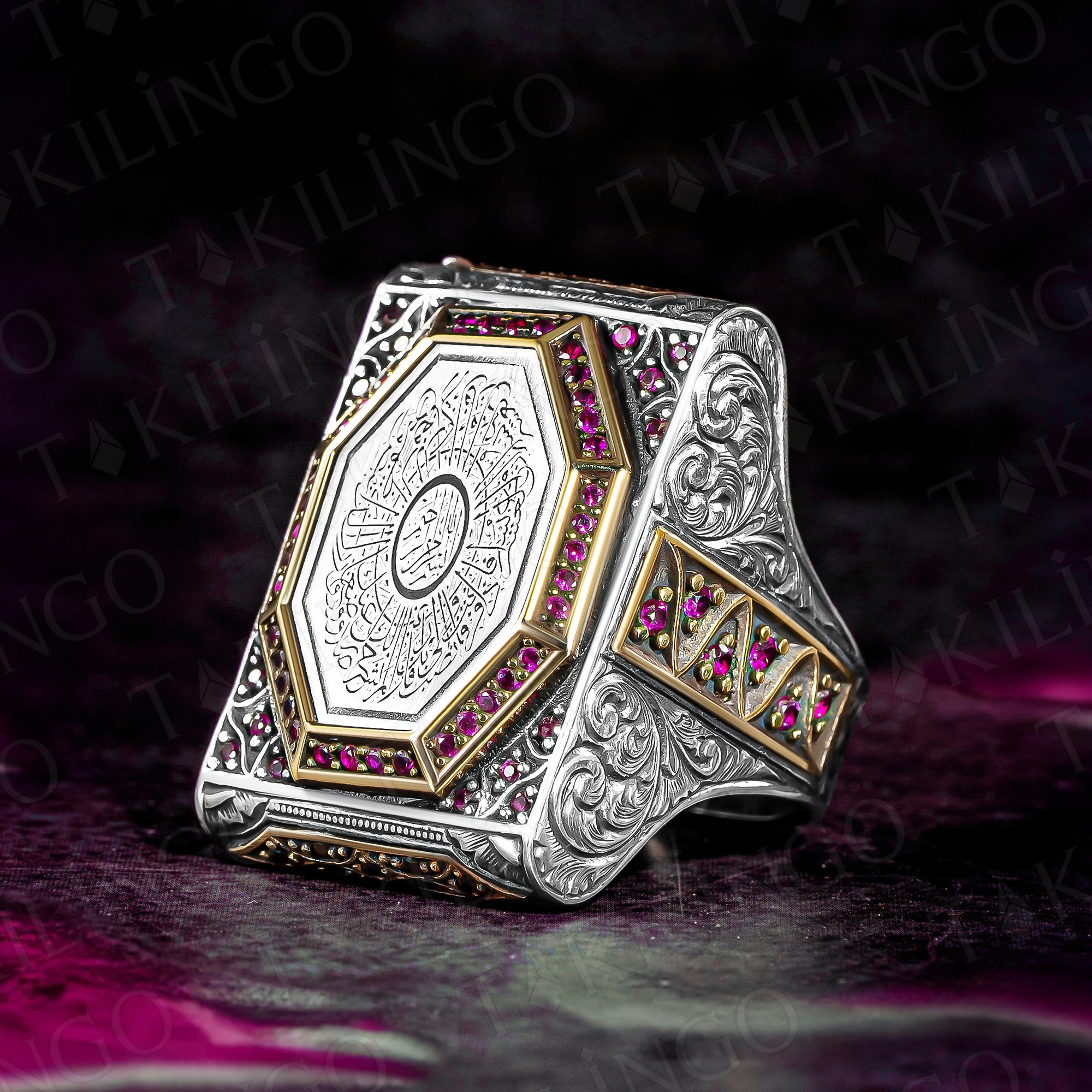 925 Sterling Silver Surah Al-Inshirah Written Ruby Stone Islamic Men's Ring Arabic Muslim Sahahada Jewelry Religious