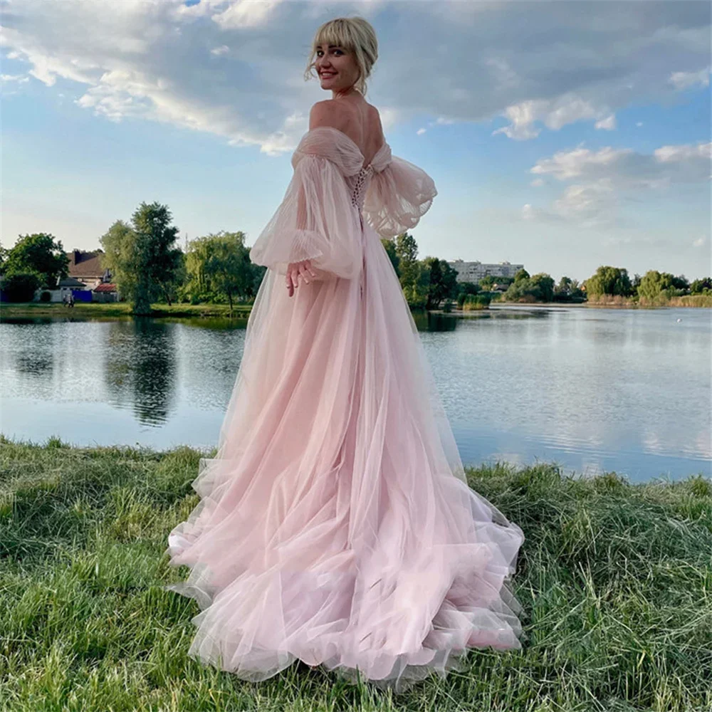 Baff tafe rosa zerkn itterte Tüll Ballkleider für Frauen Puff lange Ärmel Spitze Korsett Abendkleid