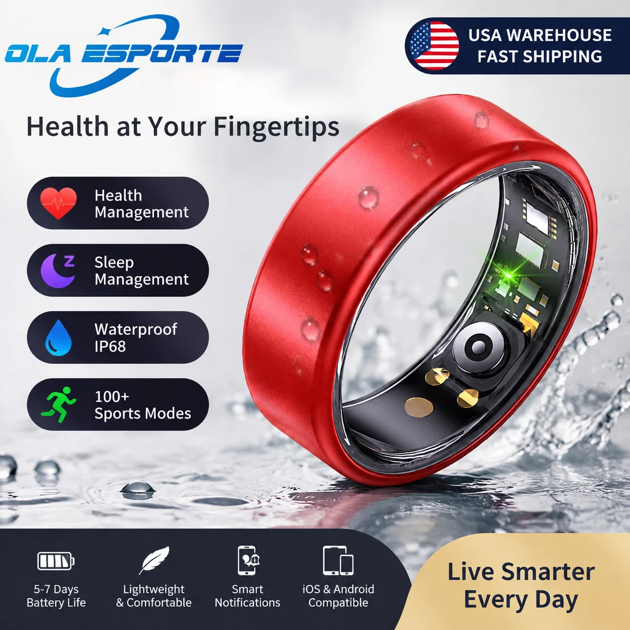 Ola Esporte R11 Smart Ring for Men, Anxiety Relieve Ring，Health Monitor, 5ATM Waterproof Sport Smartring 100+ Sport Model