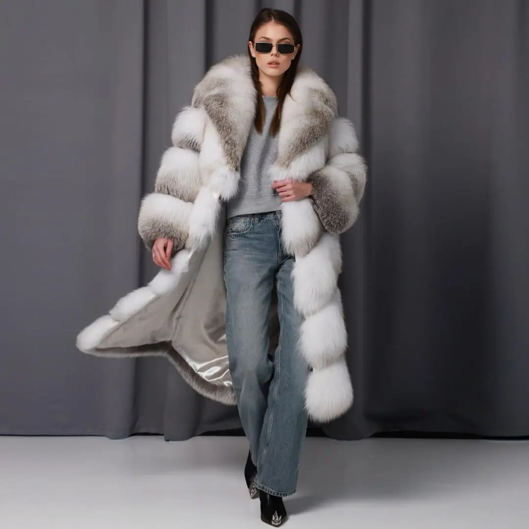 

Winter Fashion Real Fox Fur Coat with Big Turn-down Collar 110cm Long Natural Fox Fur Coats Luxury Woman Full Pelt Fur Overcoat