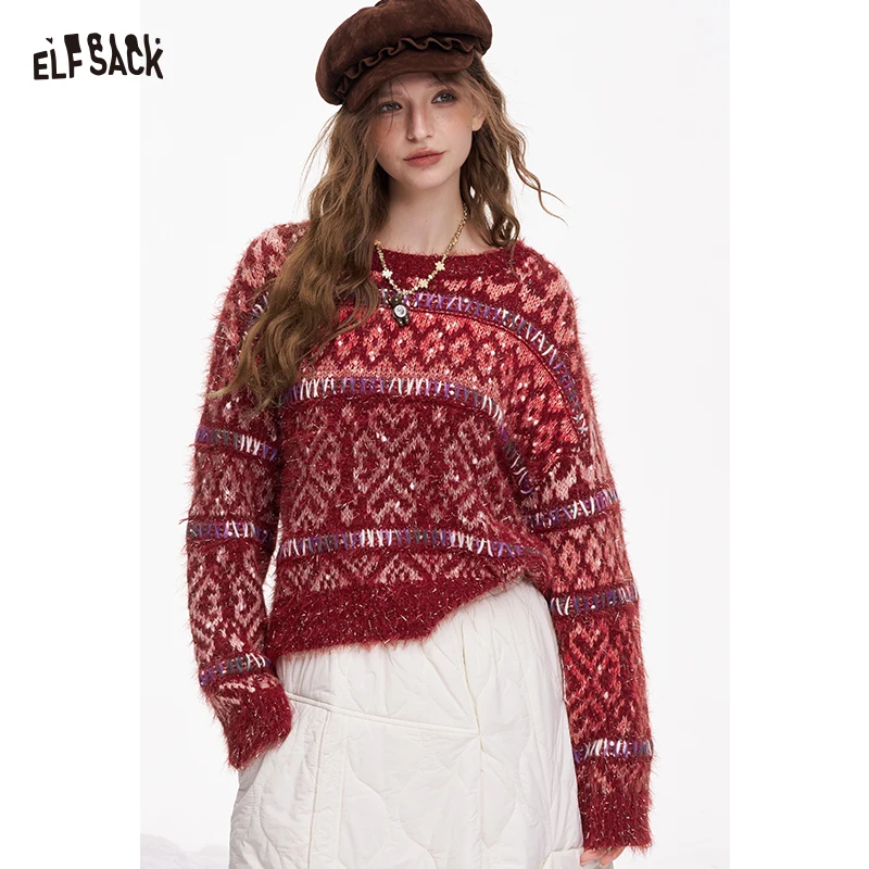 ELFSACK Christmas Sweater for Women Gradient Yarn Knit Pullover Romantic Cottagecore Style Round Neck Loose Fit Holiday Top
