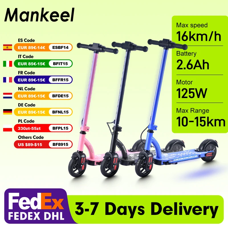 Mankeel E6 Pro pliable E Scooter pour enfants 125W moteur 24V 2.6Ah lumières colorées affichage LED 6 "Scooter électrique léger