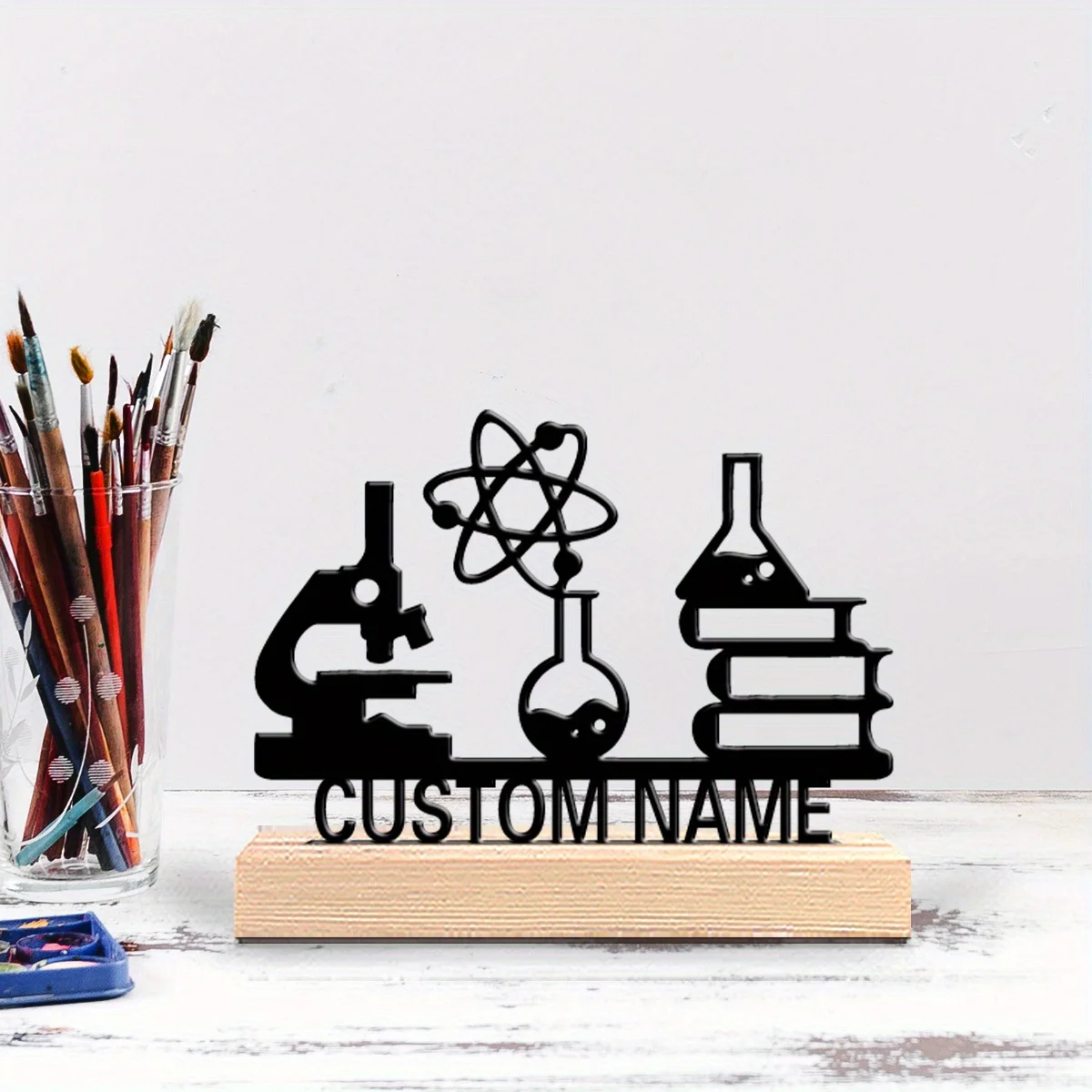 Personalized Science Decoration - Custom Name Atomic Model Laboratory Ornament with Microscope, Beaker, Atoms