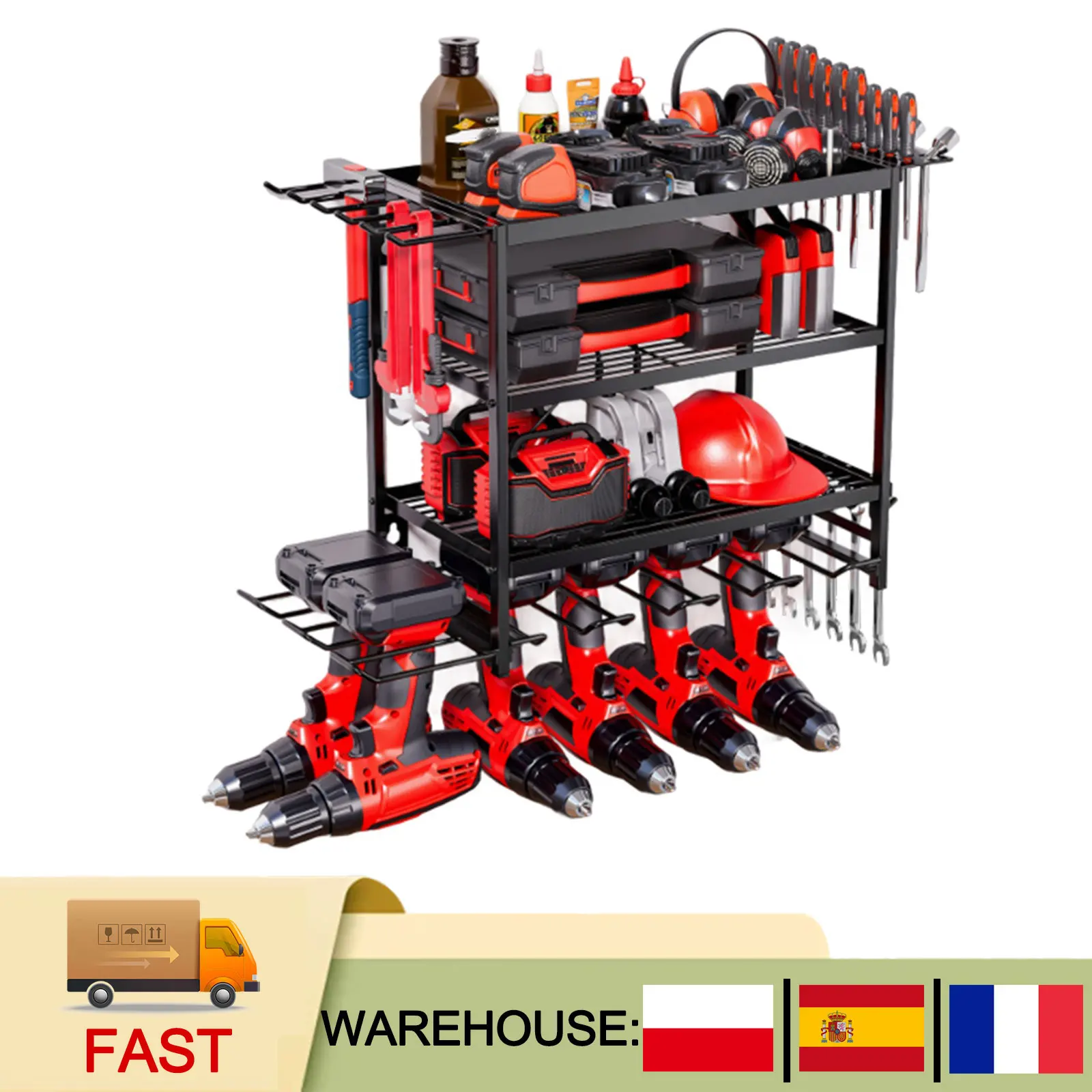 Organisateur d'outils électriques robuste et station de charge, support mural pour 4 perceuses, structure métallique modulaire pour garage, remise, atelier