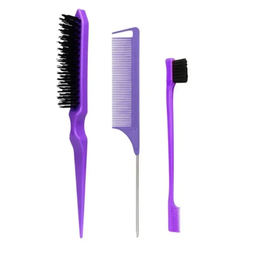 New 3Pcs Slick Back Hair Brush Set Bristle Hair Brush Brush Teasing Comb for Women Baby Kids Black Hair — zdjęcie 2