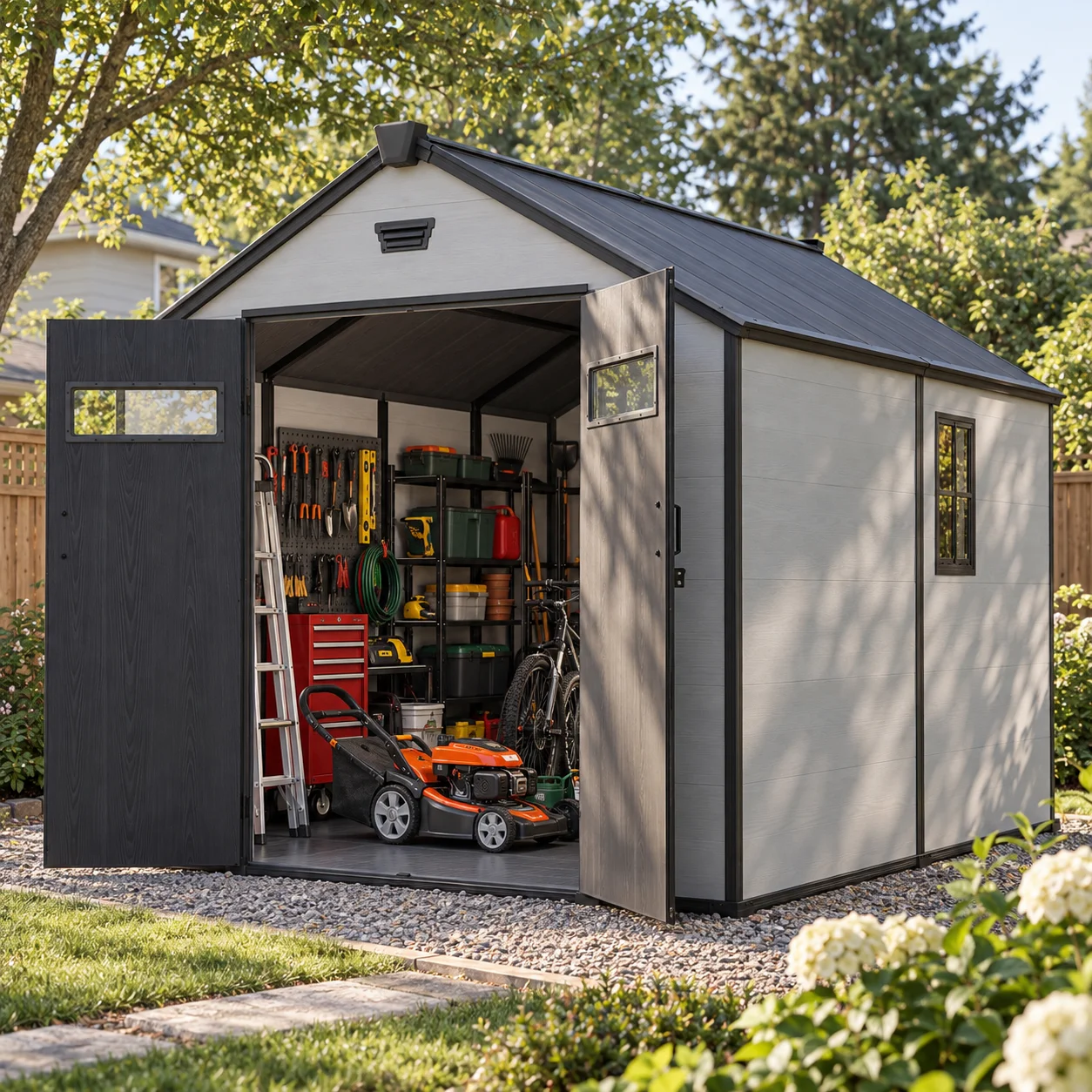 8x10 FT Outdoor Resin Storage Shed with Floor, Heavy Duty Plastic Garden Tool Shed with Lockable Double Doors, Side & Door Windows, Built-In Ventilation, Weather-Resistant Storage House for Backyard, Patio, Lawn and Garden, Gray