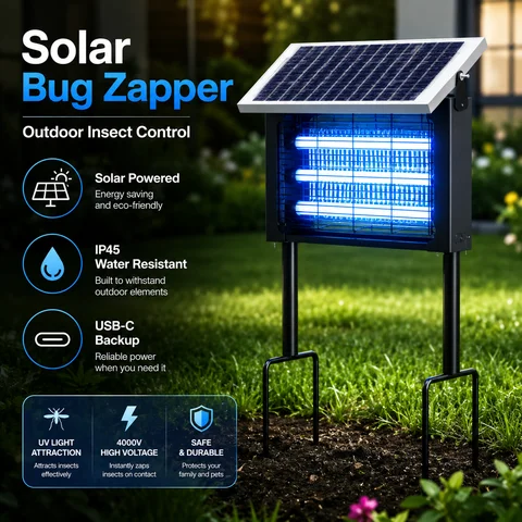 Solar Bug Zapper Outdoor, 3 Tube UV Light Insect Killer, IP45 Waterproof, USB-C Backup, Garden Mosquito Trap
