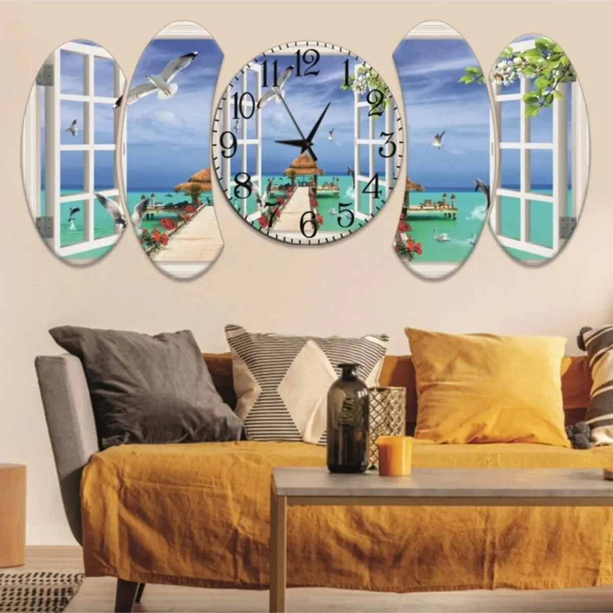 5-Piece Nature Scenery Design Saatli Mdf Big size Luxury Wall Clock Large Size Table European Model Handmade Table and Clock