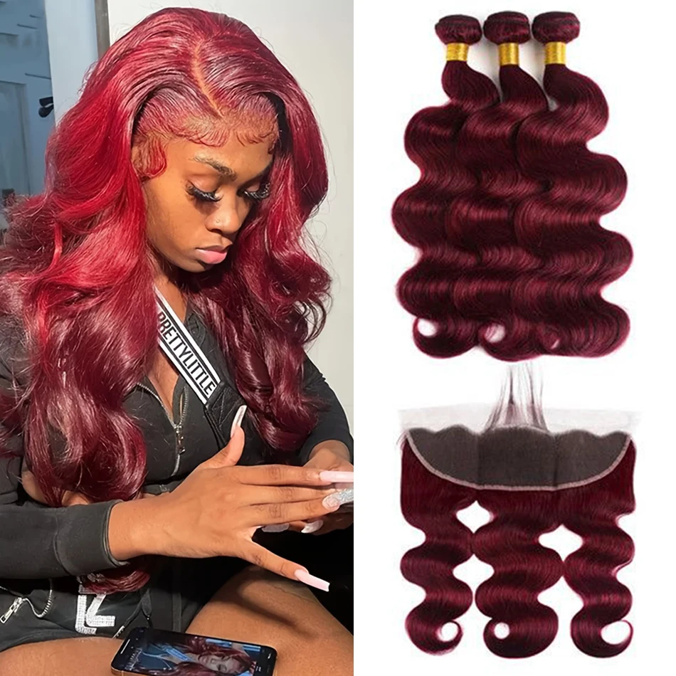 2/3/4 Bundles With13x4 Lace Frontal Body Wave Highlight Burgundy #99J Brazilian Human Hair Bundles With Frontal Red Colored #99J