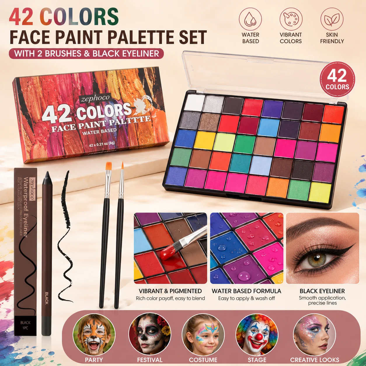 42 Color Face Paint Palette Set with 2 Brushes Black Eyeliner Water Based Body Makeup Kit Shading Tint Velvet Finish Daily Cosme