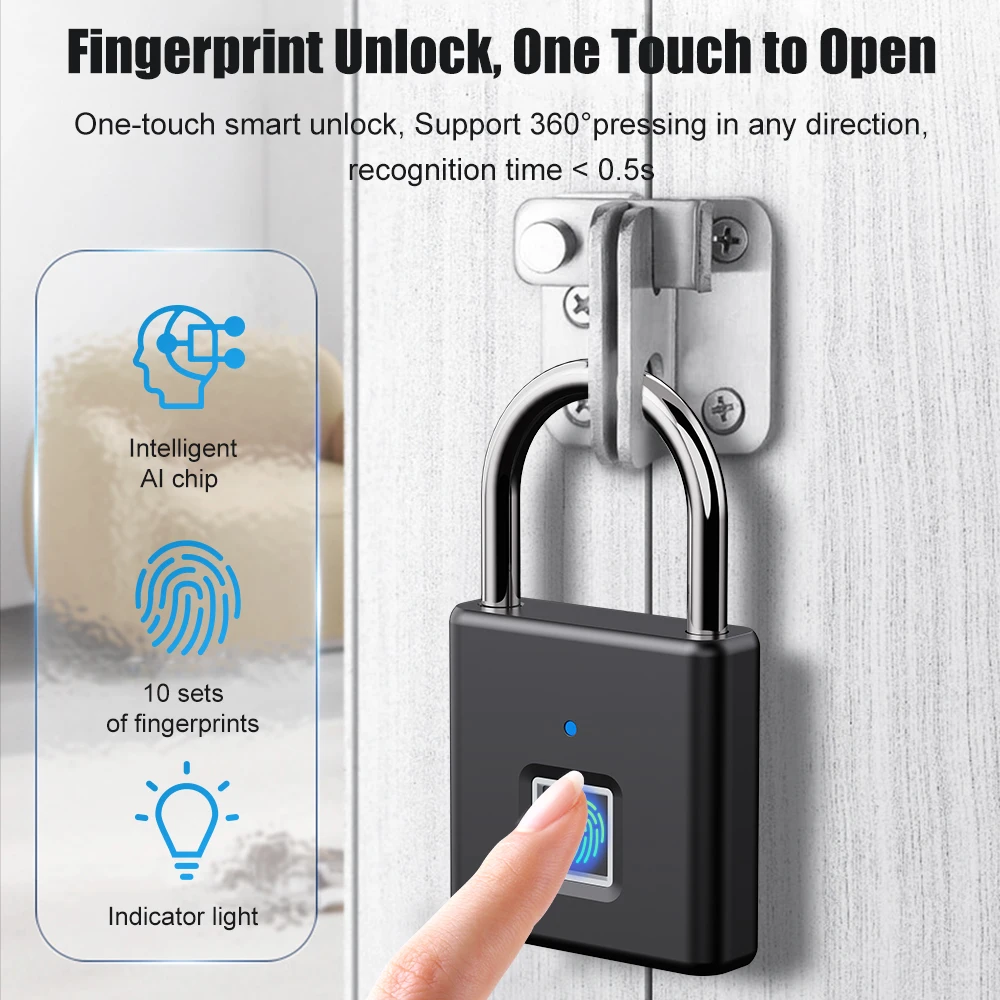 USB C Rechargeable Fingerprint Smart Padlock Keyless Door Lock Portable Fingerprint Lock for Bag Drawer Suitcase Gym School