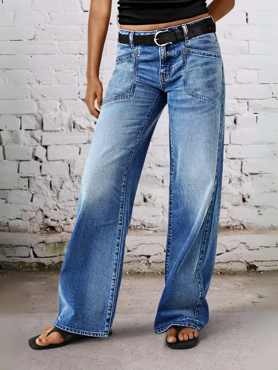 

【HME】Женские джинсы с высокой талией, прямые джинсы, эластичные махровые джинсовые брюки с накладными карманами, повседневные джинсовые брюки, винтажная женская мода