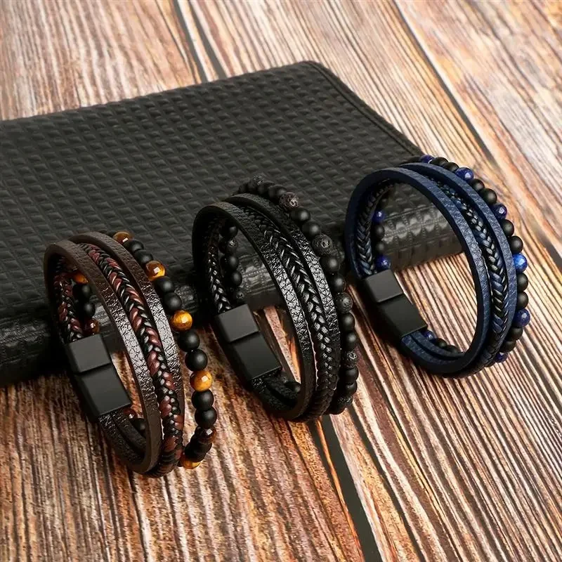 19/21/23Cm Handgeweven Lederen Armband Van Hoge Kwaliteit Meerlagige Tijgeroog Kralen Leren Mannen Armband Punk Armband Voor Mannen Sieraden - afbeelding 2