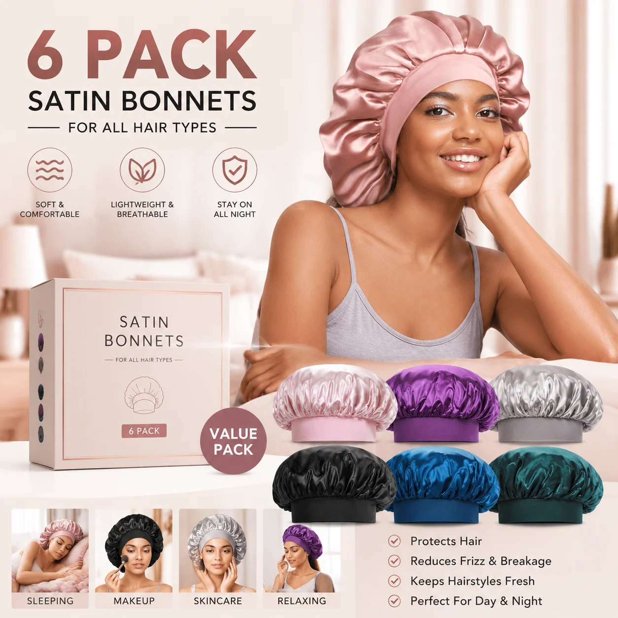 1pc Silk Sleep Cap, Women's Double-Layer Satin Lining, Soft Elastic Band, Suitable For Curly Hair Sleep Wear