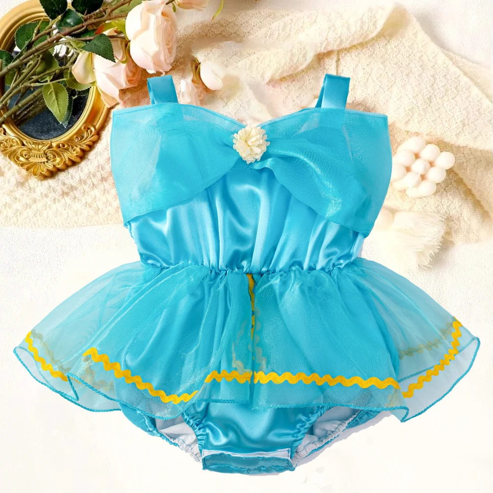 

Princess Jasmine Baby Girls Dress Romper Casual Off Shoulder Tulle Crawling Suit Party Blue Short Sleeve Jumpsuits Kids Clothing