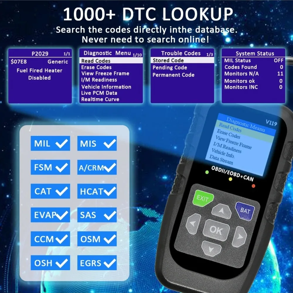 V119 OBD2 Scanner: Car Diagnostic Tool with Voltage Test & USB Power, Reads/Clears Codes for EOBD/CAN OBD2 Vehicles