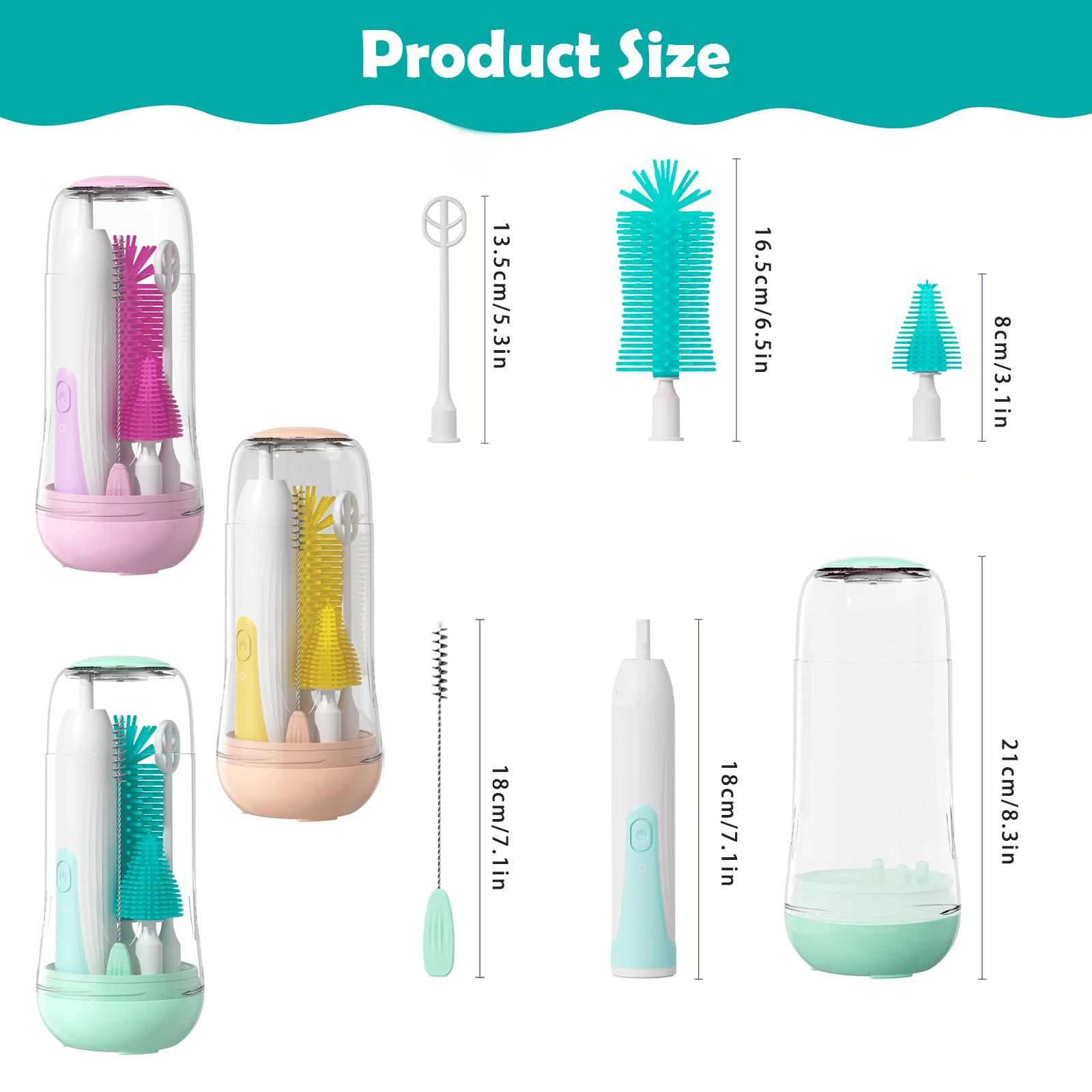 Electric Travel Baby Bottle Brush Set,Bottle Brush Cleaner,Nipple and Straw Brush,Stirring Disperser,Drainage Rack,Storage Box