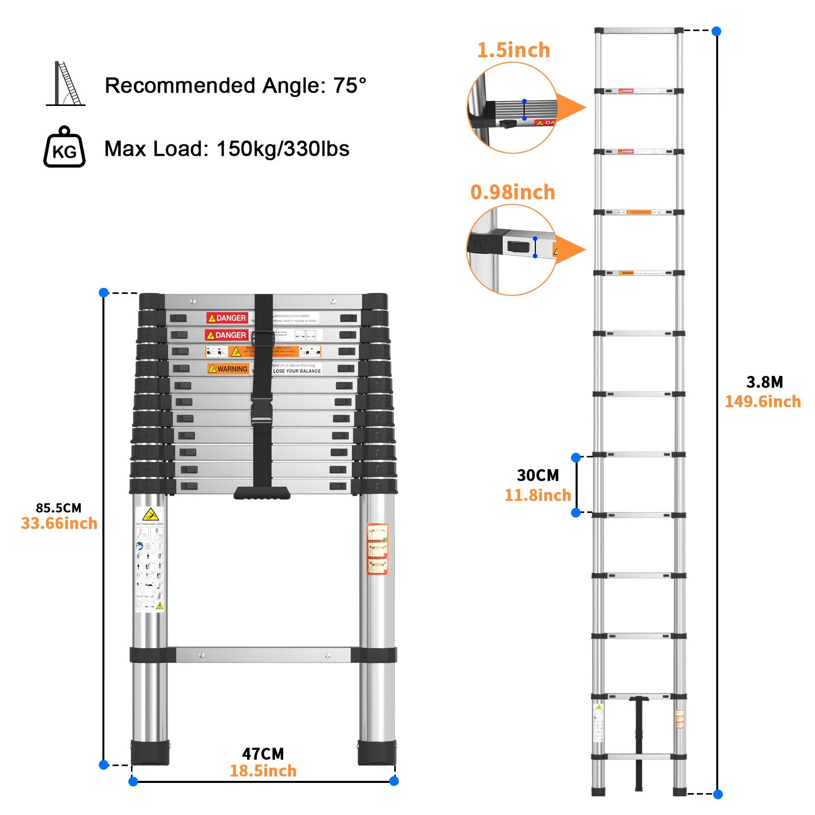 Telescopische ladder roestvrij staal 2,6M/3,2M/3,8M, multifunctionele vouwladder uittrekbare zolderladder, antislip & 150kg
