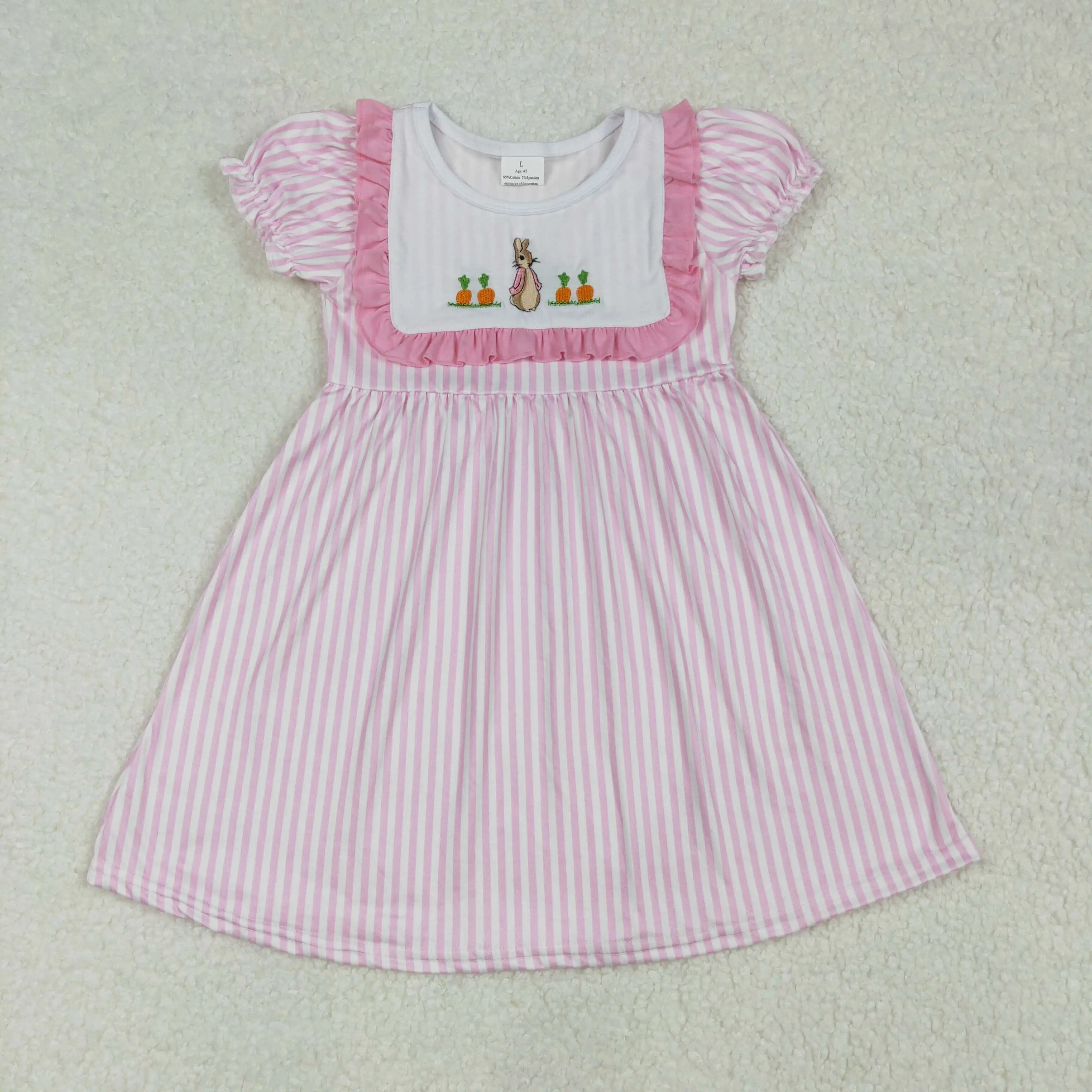 

Western Summer Baby Girls Carrot Bunny Lace Pink Striped Short-sleeved Dress Wholesale Boutique Kids Clothes One Piece Skirt