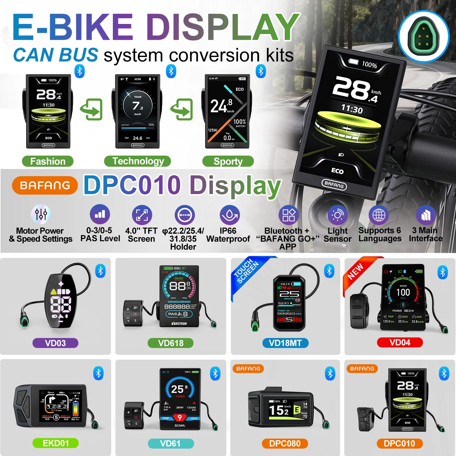 DPC010 BAFANG E-Bike Display CAN BUS E-Bike Umbausätze IP66 Wasserdichter E-Bike Tachometer 4 Zoll TFT-Bildschirm & Instrument Bluetooth Fahrradcomputer mit Typ-C-Ladegerät 5-PIN Dreieckstecker