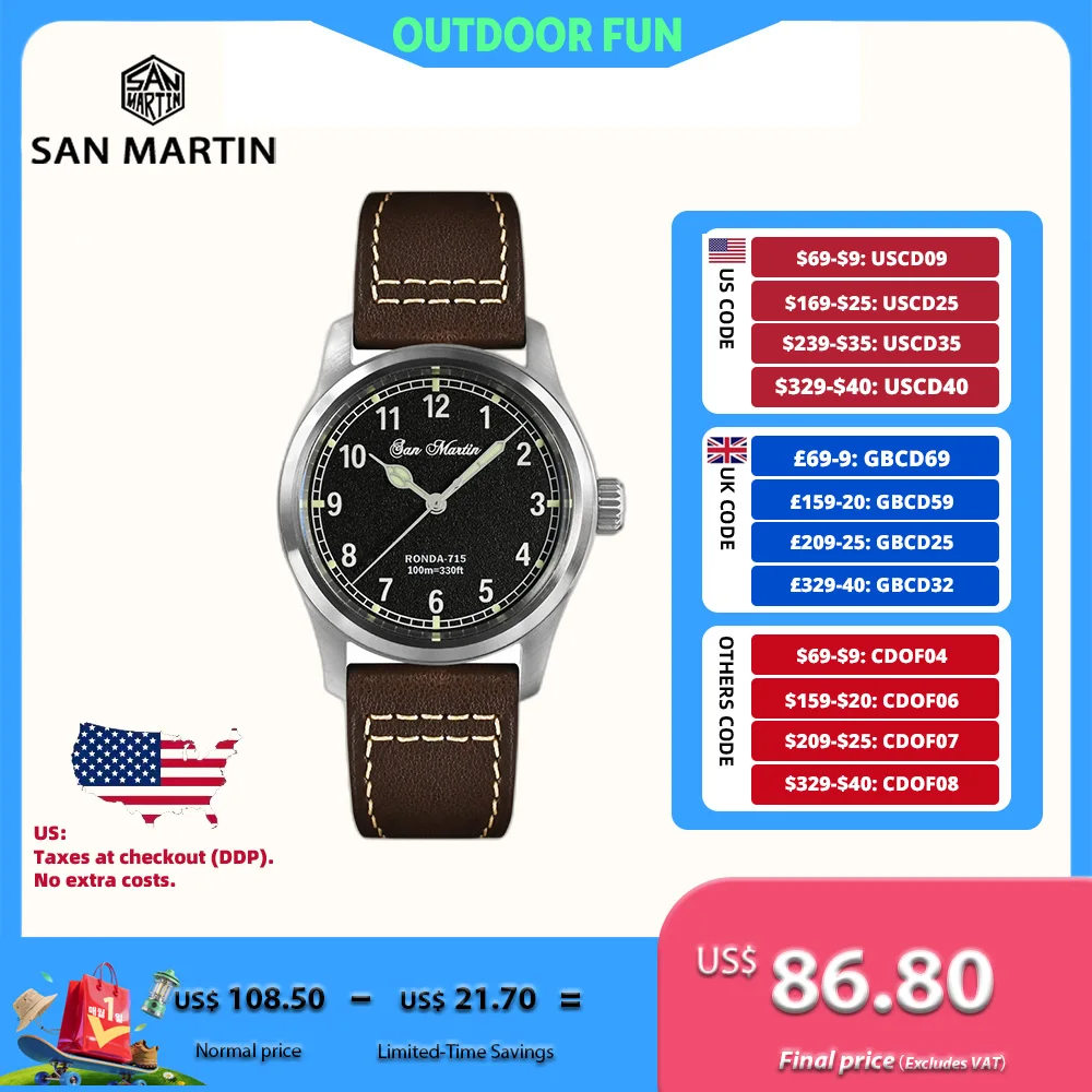 

San Martin 37mm Ronda 715 Quartz Watch Men Simple Fashion 10Bar Waterproof Pilot Wristwatch BGW-9 Blue C3 Green Luminous SN0034A