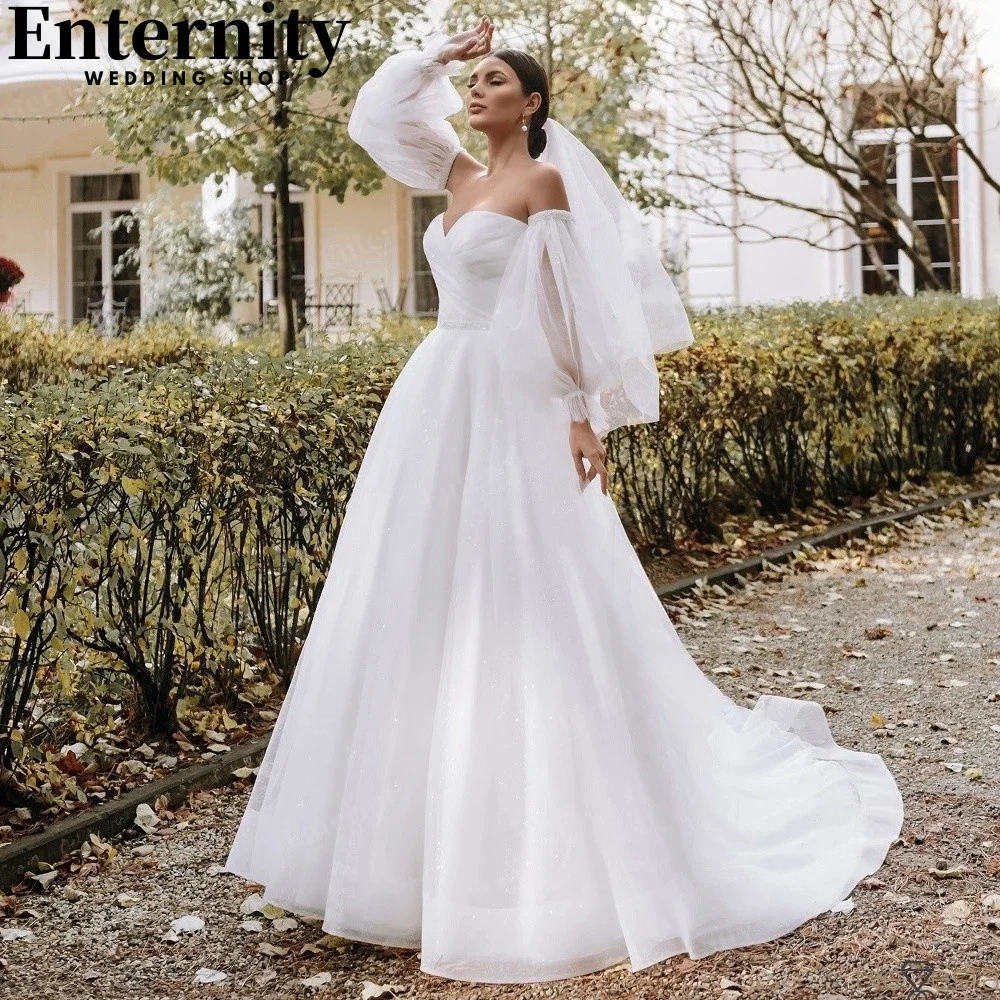 

Royal A Line Wedding Dresses Pleated Detachable Lantern Sleeves Wedding Gowns Sweep Train Backless Bridal Gowns свадебное платье