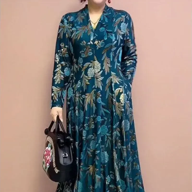 Elegante V-Ausschnitt A-Linie Taille langes Kleid Damen bekleidung pendeln Langarm Frühling Herbst