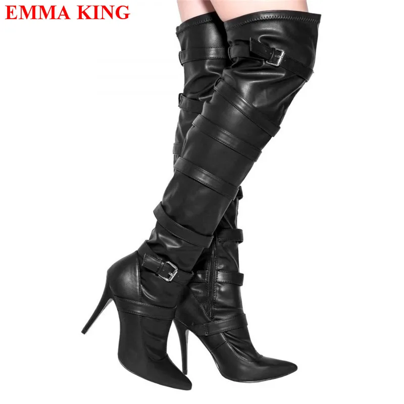 

Sexy Ladies Black Buckle Strap Over The Knee Boots Shoes Woman Autumn Slim Pointed Toe Thigh High Boots High Heels Shoes Woman