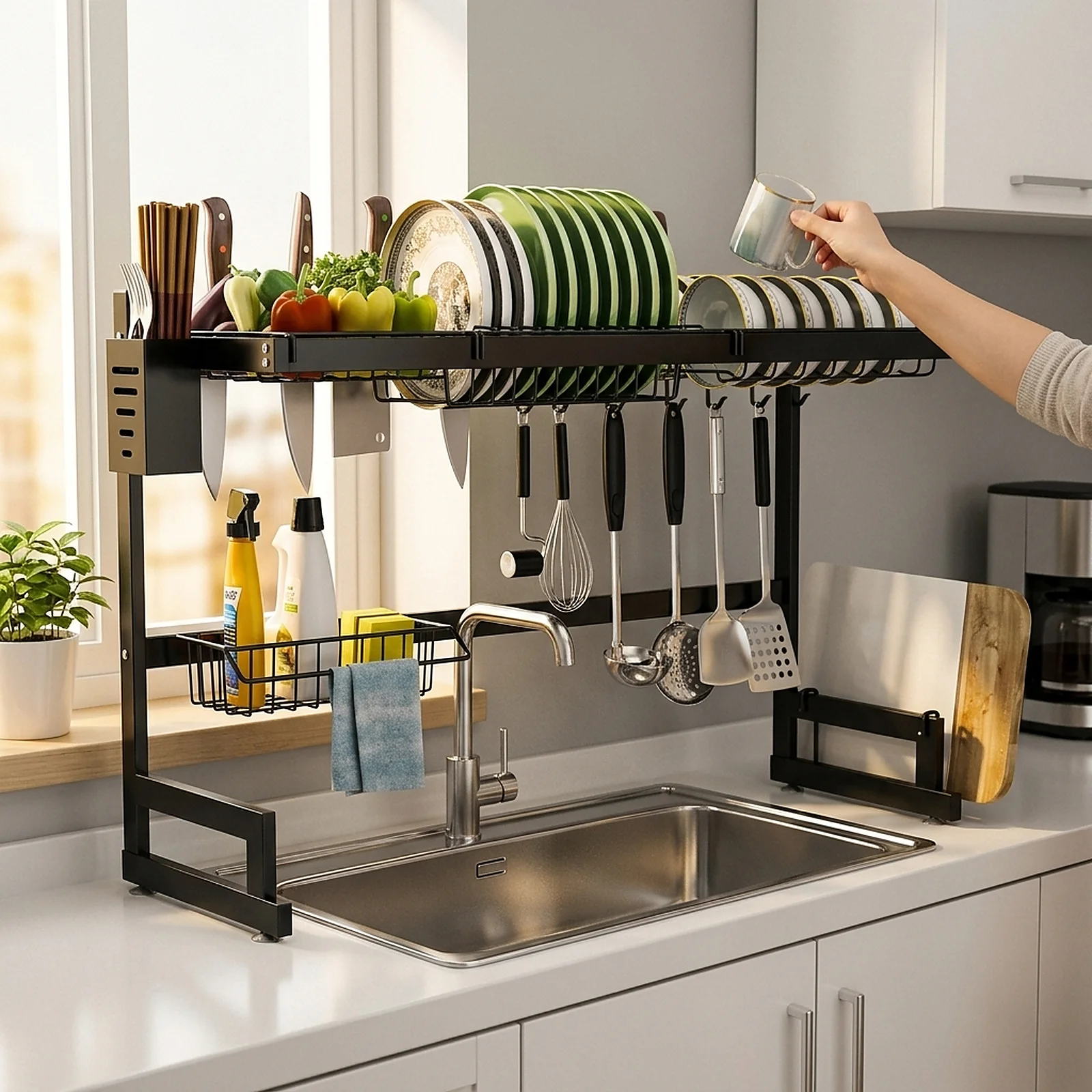 SURUIHK Over The Sink Dish Drying Rack, Black 2 Tier Stainless Steel Kitchen Sink Organizer Shelf with Utensil and Cutting Board Holders for Storage